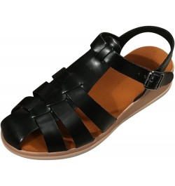 Ladies Fashion Solid Leather Strap Combination Buckle Wedge Roman Sandals Olive Sandals for Women Heels Black $12.45 Slippers