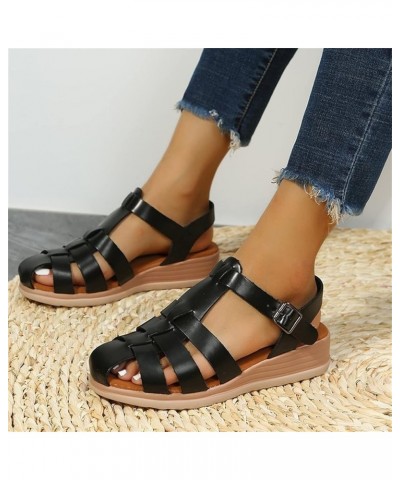 Ladies Fashion Solid Leather Strap Combination Buckle Wedge Roman Sandals Olive Sandals for Women Heels Black $12.45 Slippers