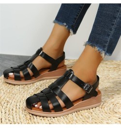 Ladies Fashion Solid Leather Strap Combination Buckle Wedge Roman Sandals Olive Sandals for Women Heels Black $12.45 Slippers