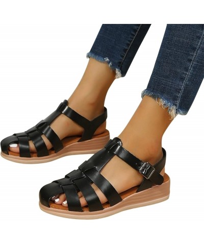 Ladies Fashion Solid Leather Strap Combination Buckle Wedge Roman Sandals Olive Sandals for Women Heels Black $12.45 Slippers