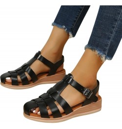 Ladies Fashion Solid Leather Strap Combination Buckle Wedge Roman Sandals Olive Sandals for Women Heels Black $12.45 Slippers