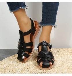 Ladies Fashion Solid Leather Strap Combination Buckle Wedge Roman Sandals Olive Sandals for Women Heels Black $12.45 Slippers