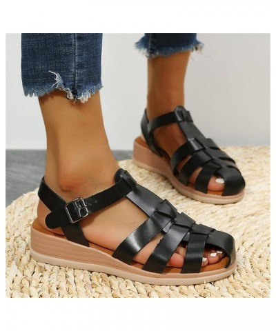 Ladies Fashion Solid Leather Strap Combination Buckle Wedge Roman Sandals Olive Sandals for Women Heels Black $12.45 Slippers