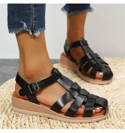 Ladies Fashion Solid Leather Strap Combination Buckle Wedge Roman Sandals Olive Sandals for Women Heels Black $12.45 Slippers