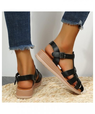 Ladies Fashion Solid Leather Strap Combination Buckle Wedge Roman Sandals Olive Sandals for Women Heels Black $12.45 Slippers