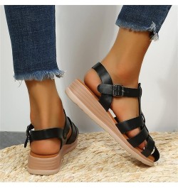 Ladies Fashion Solid Leather Strap Combination Buckle Wedge Roman Sandals Olive Sandals for Women Heels Black $12.45 Slippers