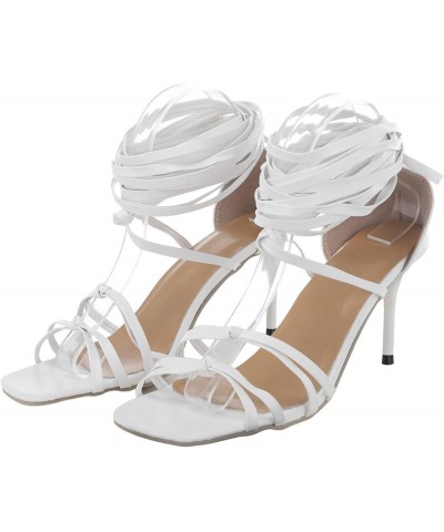 Womens Sandals Gladiator Knee High Square Open Toe Sandals Lace Up Criss Cross Strappy Stiletto High Heels Dress Shoes White ...