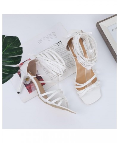 Womens Sandals Gladiator Knee High Square Open Toe Sandals Lace Up Criss Cross Strappy Stiletto High Heels Dress Shoes White ...