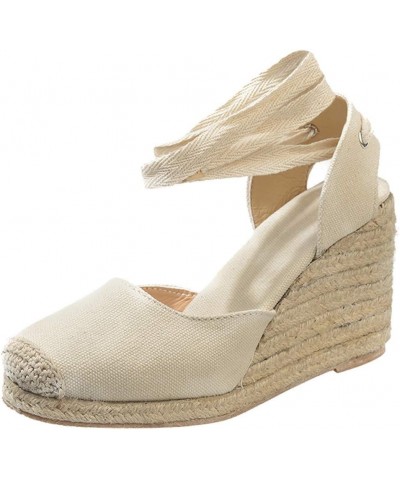 Women Espadrille Platform Sandals Spring Wedge Platform Heel Women Strap High Sandals Shoes Casual Women's 8 Beige $14.87 San...