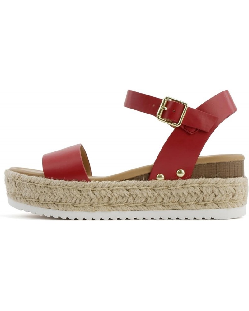 CLIP ~ Women Open Toe Ankle Strap Platform Espadrille Sandal Red Pu $17.66 Sandals