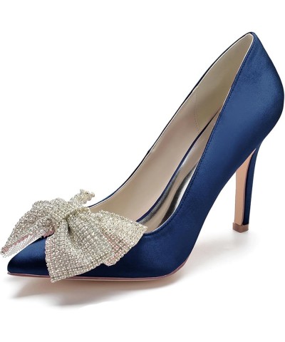 Women Bridal Slip on Wedding Shoes Open Toe Satin Pumps High Heel Rhinestone Bow Prom Shoes Dark Blue $45.61 Pumps