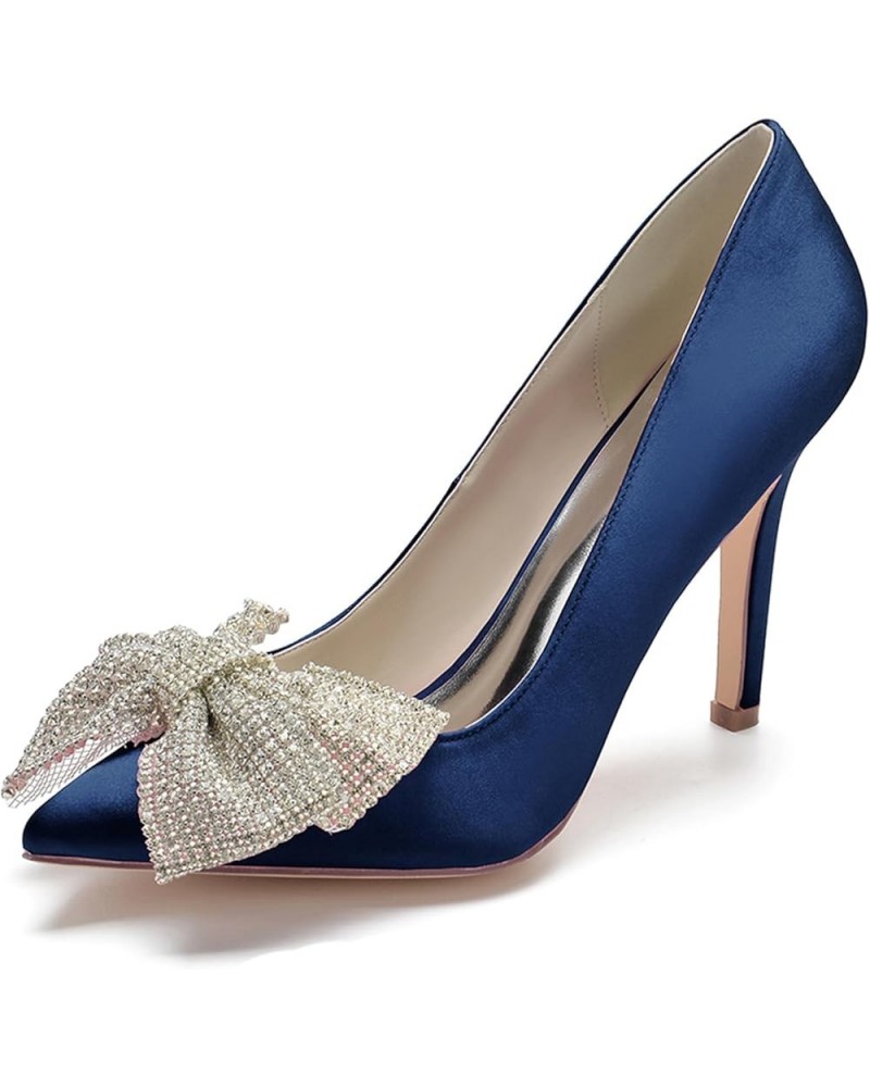 Women Bridal Slip on Wedding Shoes Open Toe Satin Pumps High Heel Rhinestone Bow Prom Shoes Dark Blue $45.61 Pumps