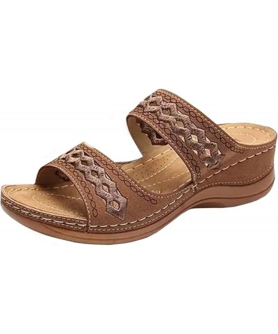 Women Sandals Embroidered Slip on Women's Open Toe Sandals Comfortable Large Size Flip Flop Slippers Women 6 Brown $8.66 Sandals