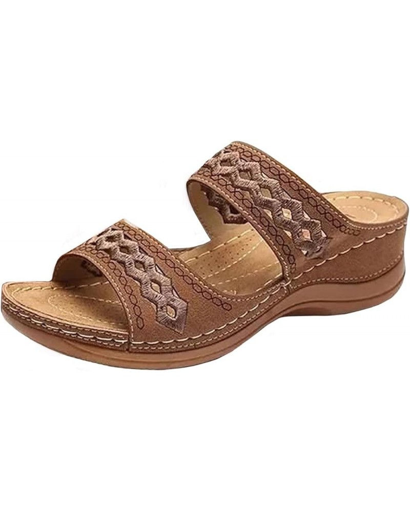 Women Sandals Embroidered Slip on Women's Open Toe Sandals Comfortable Large Size Flip Flop Slippers Women 6 Brown $8.66 Sandals