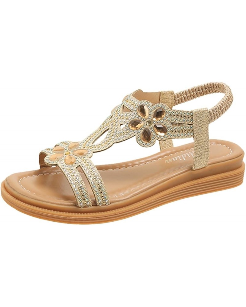 Womens Sandals Comfortable Dressy, Rhinestone Sandals for Women Casual Open Toe Bohemian Sandals with Elastic Strap Gold $13....