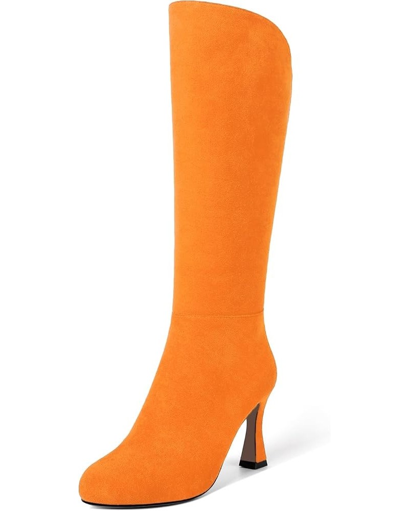 Womens Suede Round Toe Fashion Office Zip Spool High Heel Mid Calf Boots 3.3 Inch Hot Orange $47.52 Boots