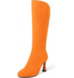 Womens Suede Round Toe Fashion Office Zip Spool High Heel Mid Calf Boots 3.3 Inch Hot Orange $47.52 Boots