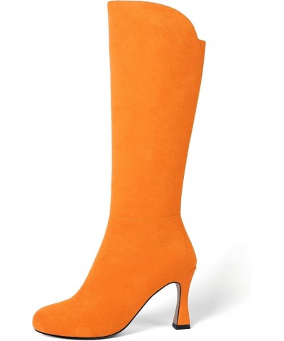 Womens Suede Round Toe Fashion Office Zip Spool High Heel Mid Calf Boots 3.3 Inch Hot Orange $47.52 Boots