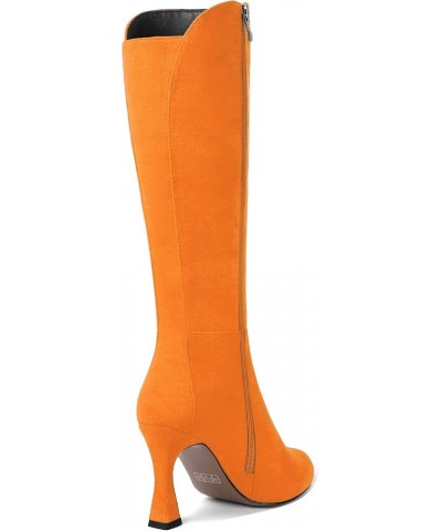 Womens Suede Round Toe Fashion Office Zip Spool High Heel Mid Calf Boots 3.3 Inch Hot Orange $47.52 Boots