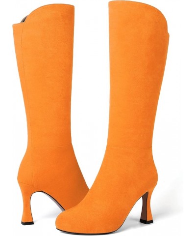 Womens Suede Round Toe Fashion Office Zip Spool High Heel Mid Calf Boots 3.3 Inch Hot Orange $47.52 Boots