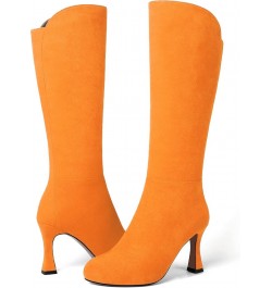 Womens Suede Round Toe Fashion Office Zip Spool High Heel Mid Calf Boots 3.3 Inch Hot Orange $47.52 Boots