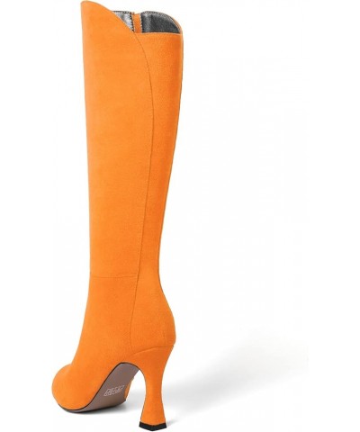 Womens Suede Round Toe Fashion Office Zip Spool High Heel Mid Calf Boots 3.3 Inch Hot Orange $47.52 Boots