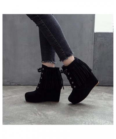 Lace-up Booties Women's Retro Fringed Ankle Boots Wedge Heel Suede Ankle Boots Autumn Winter Casual Short Boots Women Elegant...