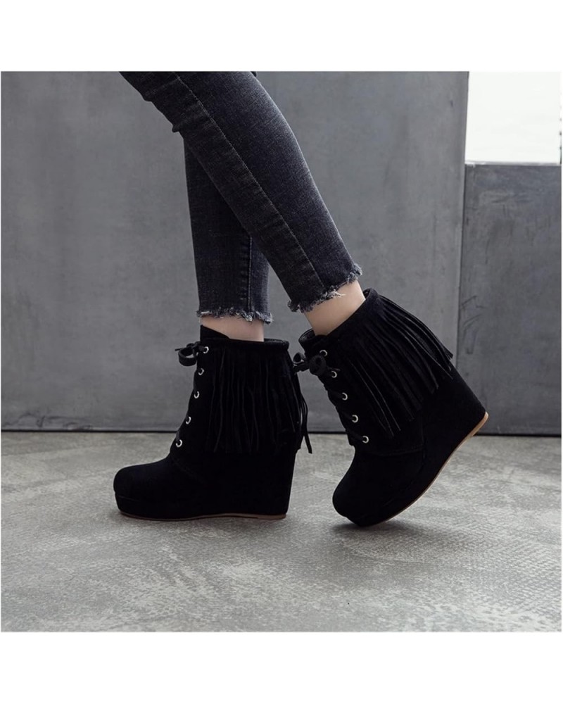 Lace-up Booties Women's Retro Fringed Ankle Boots Wedge Heel Suede Ankle Boots Autumn Winter Casual Short Boots Women Elegant...