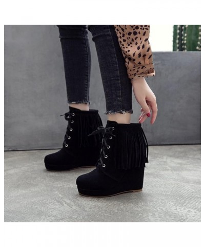 Lace-up Booties Women's Retro Fringed Ankle Boots Wedge Heel Suede Ankle Boots Autumn Winter Casual Short Boots Women Elegant...