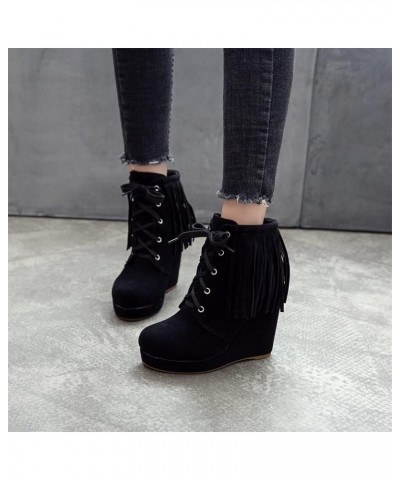 Lace-up Booties Women's Retro Fringed Ankle Boots Wedge Heel Suede Ankle Boots Autumn Winter Casual Short Boots Women Elegant...