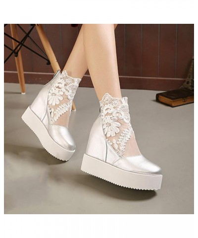 Women's Sweet Lace Platform Sandals High Heels Closed Toe Sandals Women Shoe Thick Sole Raised Fish Mouth Sandal V-668 Silver...