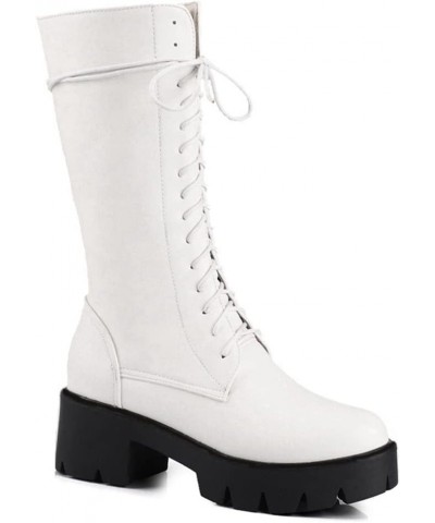 Women's Round Toe Lace Up Dressy Boots Mid Wide Calf Platform Chunky Mid Heels Western Riding Boots White-velvet Lined $25.42...