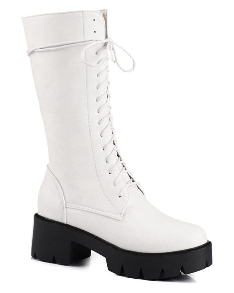 Women's Round Toe Lace Up Dressy Boots Mid Wide Calf Platform Chunky Mid Heels Western Riding Boots White-velvet Lined $25.42...