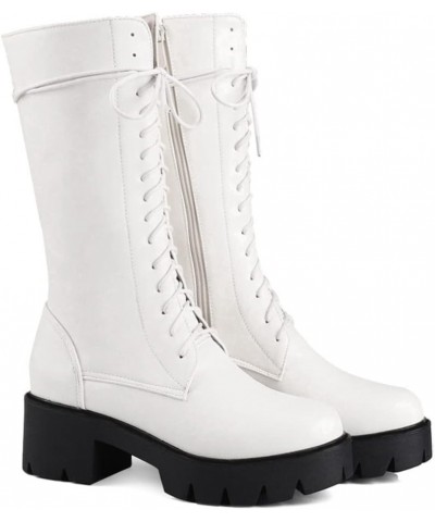 Women's Round Toe Lace Up Dressy Boots Mid Wide Calf Platform Chunky Mid Heels Western Riding Boots White-velvet Lined $25.42...