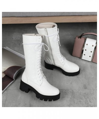 Women's Round Toe Lace Up Dressy Boots Mid Wide Calf Platform Chunky Mid Heels Western Riding Boots White-velvet Lined $25.42...