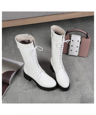 Women's Round Toe Lace Up Dressy Boots Mid Wide Calf Platform Chunky Mid Heels Western Riding Boots White-velvet Lined $25.42...