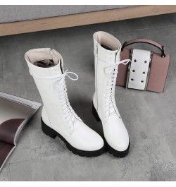 Women's Round Toe Lace Up Dressy Boots Mid Wide Calf Platform Chunky Mid Heels Western Riding Boots White-velvet Lined $25.42...