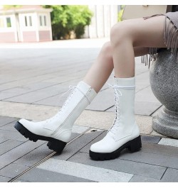 Women's Round Toe Lace Up Dressy Boots Mid Wide Calf Platform Chunky Mid Heels Western Riding Boots White-velvet Lined $25.42...