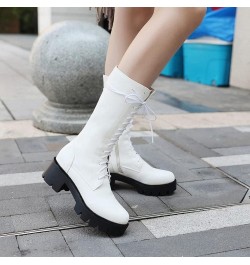 Women's Round Toe Lace Up Dressy Boots Mid Wide Calf Platform Chunky Mid Heels Western Riding Boots White-velvet Lined $25.42...