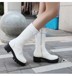 Women's Round Toe Lace Up Dressy Boots Mid Wide Calf Platform Chunky Mid Heels Western Riding Boots White-velvet Lined $25.42...