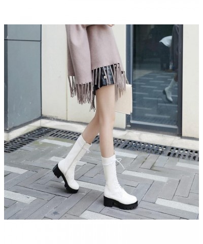 Women's Round Toe Lace Up Dressy Boots Mid Wide Calf Platform Chunky Mid Heels Western Riding Boots White-velvet Lined $25.42...