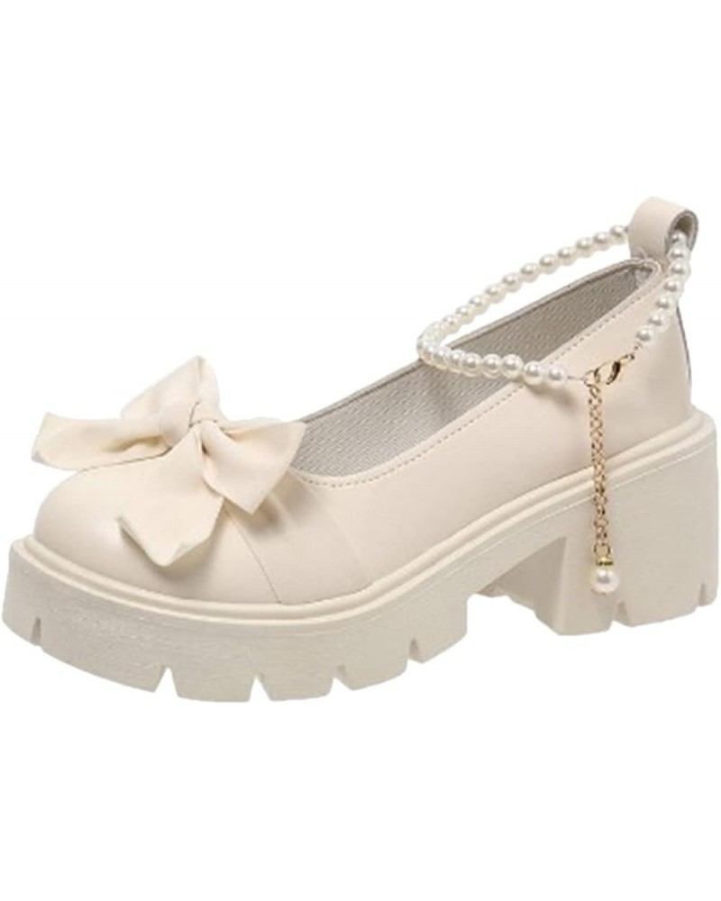 Ladies British Fashion Solid Leather Bowknot Pearl Buckle Thick High Heel Casual Shoes Formal Heel Beige $18.29 Athletic Shoes