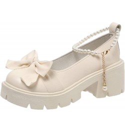 Ladies British Fashion Solid Leather Bowknot Pearl Buckle Thick High Heel Casual Shoes Formal Heel Beige $18.29 Athletic Shoes