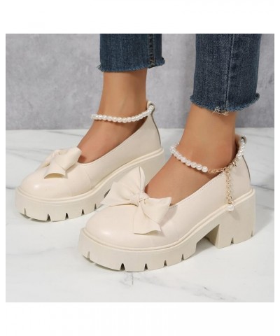 Ladies British Fashion Solid Leather Bowknot Pearl Buckle Thick High Heel Casual Shoes Formal Heel Beige $18.29 Athletic Shoes