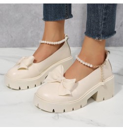 Ladies British Fashion Solid Leather Bowknot Pearl Buckle Thick High Heel Casual Shoes Formal Heel Beige $18.29 Athletic Shoes