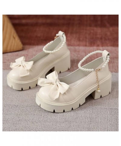 Ladies British Fashion Solid Leather Bowknot Pearl Buckle Thick High Heel Casual Shoes Formal Heel Beige $18.29 Athletic Shoes