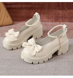 Ladies British Fashion Solid Leather Bowknot Pearl Buckle Thick High Heel Casual Shoes Formal Heel Beige $18.29 Athletic Shoes