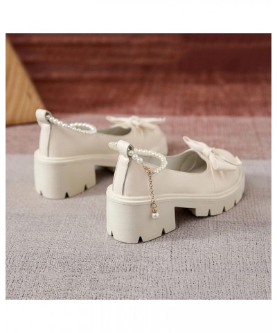 Ladies British Fashion Solid Leather Bowknot Pearl Buckle Thick High Heel Casual Shoes Formal Heel Beige $18.29 Athletic Shoes