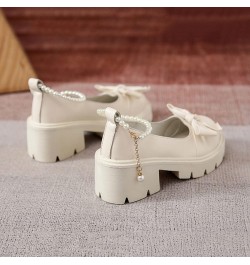 Ladies British Fashion Solid Leather Bowknot Pearl Buckle Thick High Heel Casual Shoes Formal Heel Beige $18.29 Athletic Shoes