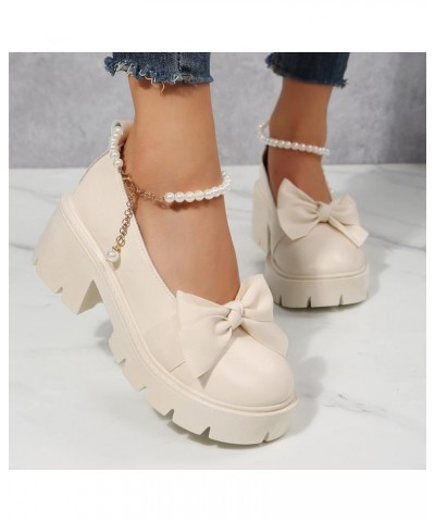 Ladies British Fashion Solid Leather Bowknot Pearl Buckle Thick High Heel Casual Shoes Formal Heel Beige $18.29 Athletic Shoes